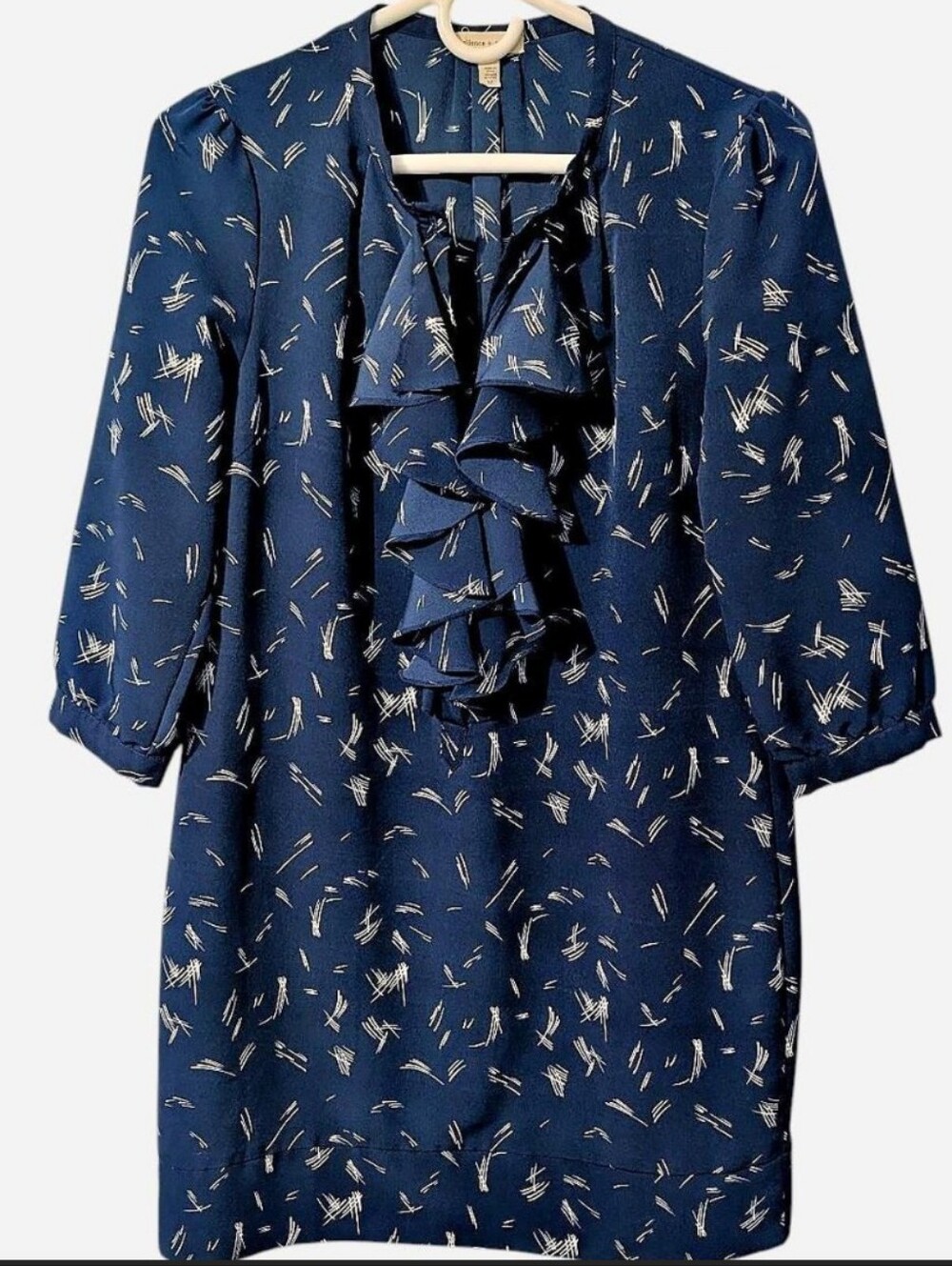 silence + noise Blue & White Print Silky Ruffle Neck 3/4 Sleeve Top, Size M